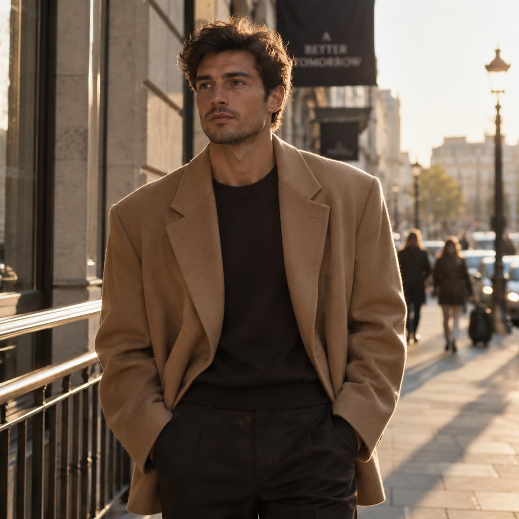 Street-style campaign image of a model wearing the same camel wool blazer