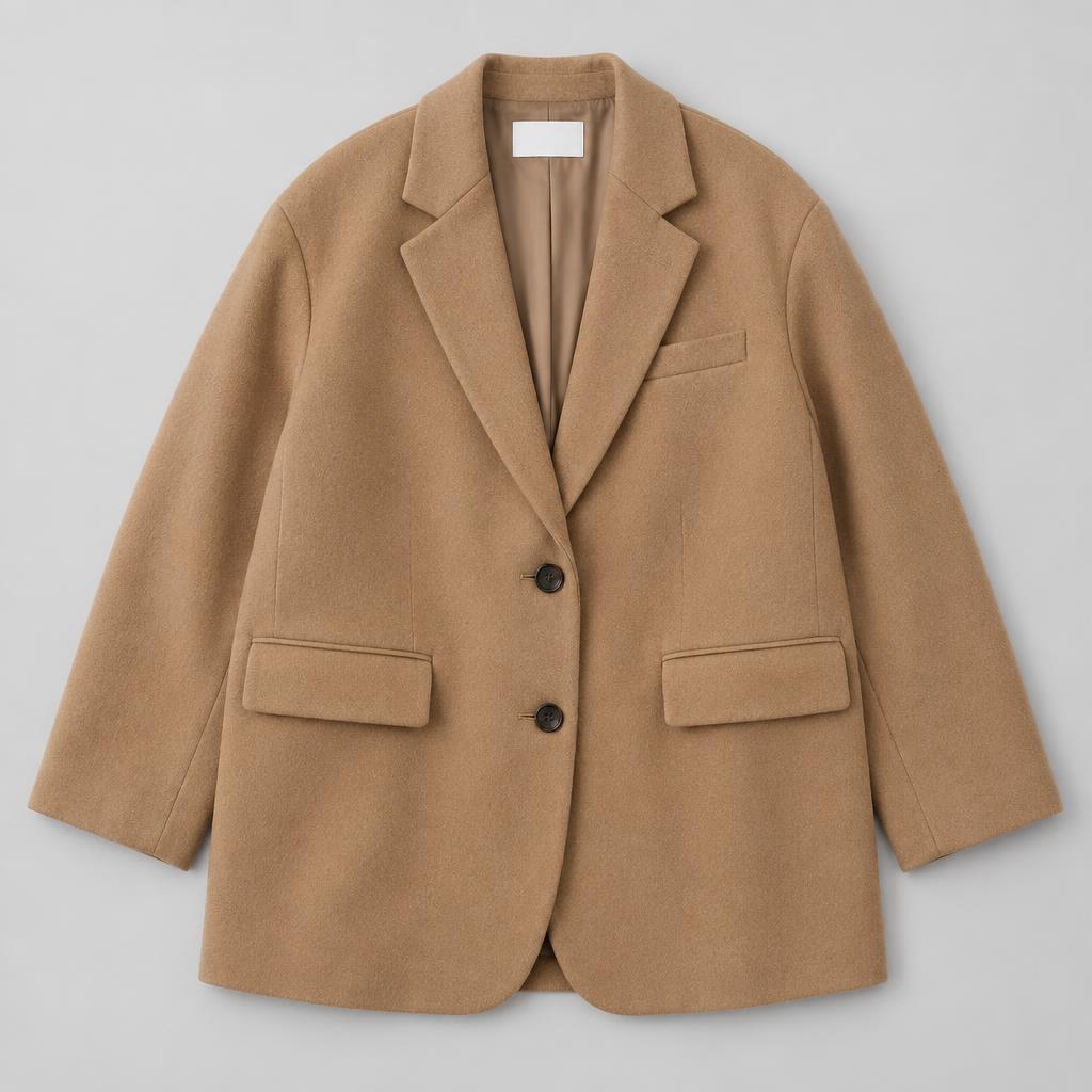 Flat-lay product photo of a camel wool blazer