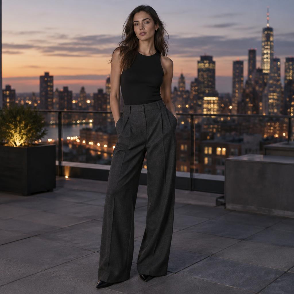 Rooftop campaign image of a model wearing the same charcoal wide-leg trousers