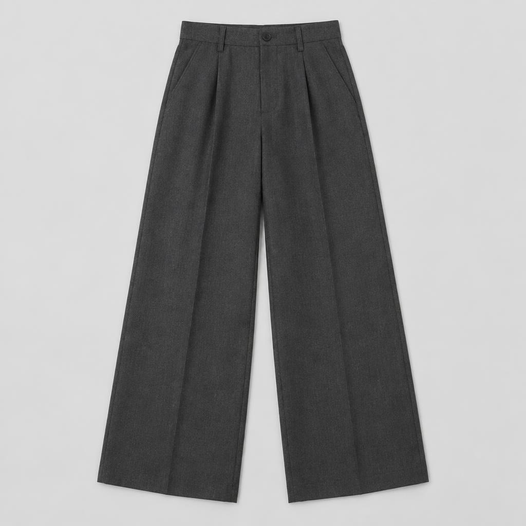 Flat-lay product photo of charcoal wide-leg trousers