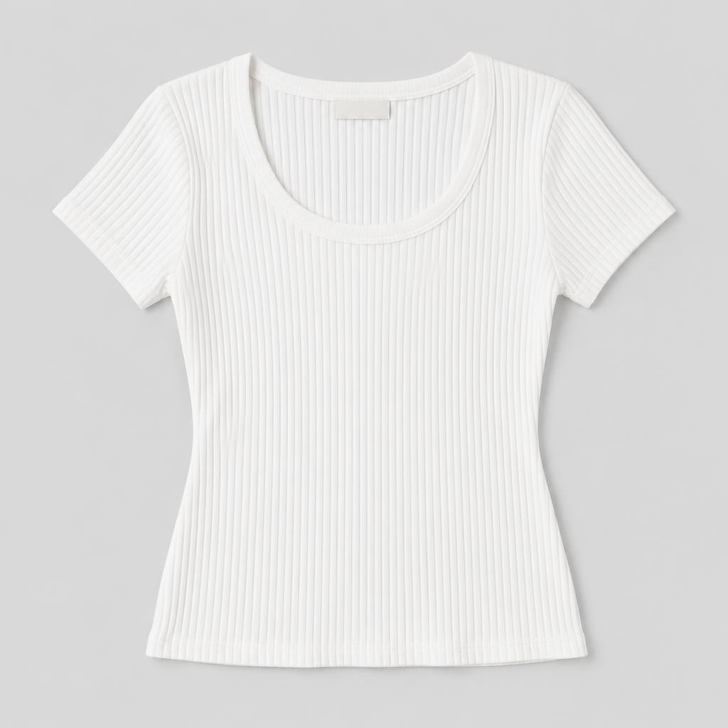 Flat-lay product photo of a white ribbed knit top